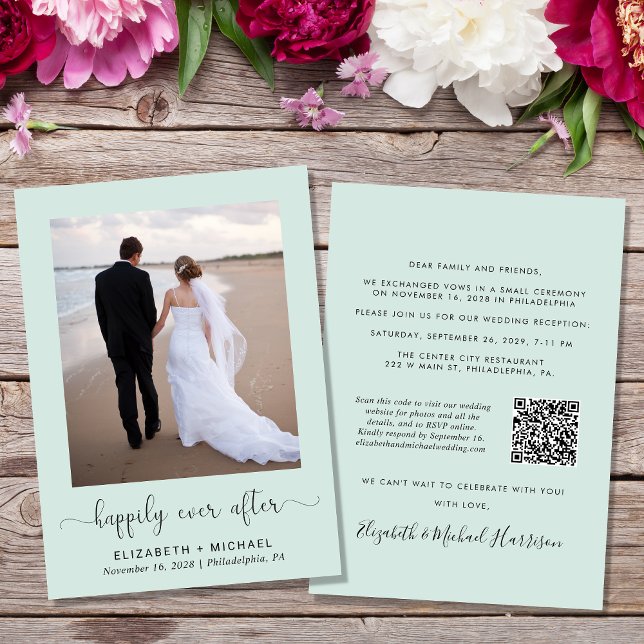 Elegant Photo QR Code Mint Wedding Reception Invitation (Creator Uploaded)