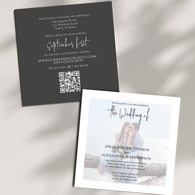 Elegant Photo QR Code RSVP Online Neutral Brown Invitation (Elegant photo neutral brown wedding invitation with a scannable QR code.)