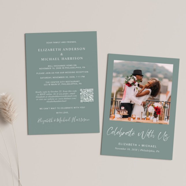 Elegant Photo QR Code Sage Green Wedding Reception Invitation (Creator Uploaded)