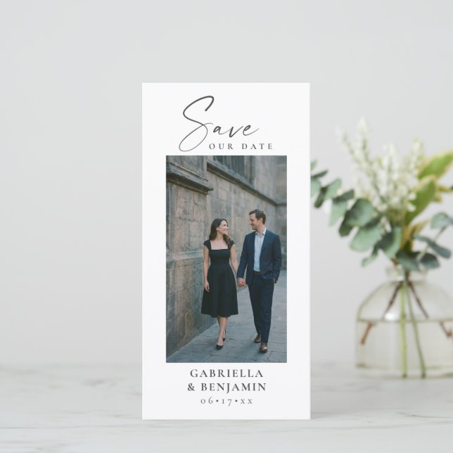 Elegant Photo QR Code Script Wedding Tall White  Save The Date (Standing Front)