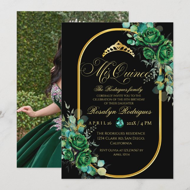 Elegant Photo Quinceanera black green Birthday Invitation (Front/Back)
