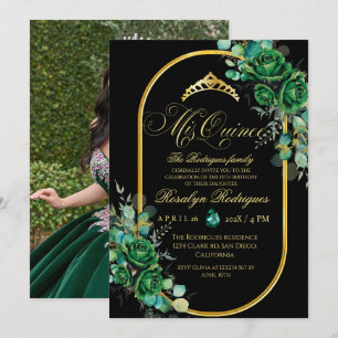 Elegant Photo Quinceanera black green Birthday Invitation