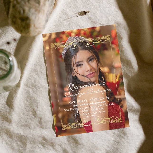Elegant Photo Quinceanera Gold White Invitation (Creator Uploaded)