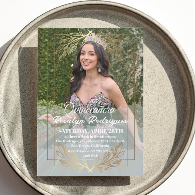 Elegant Photo Quinceanera Gold White Tiara Invitation (Creator Uploaded)