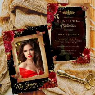 Elegant Photo Quinceanera Red Rose Gold Birthday
