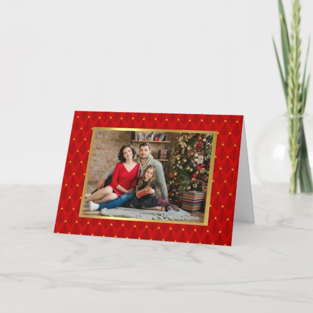 Elegant Photo Red and Gold Tree Christmas Card (Front)