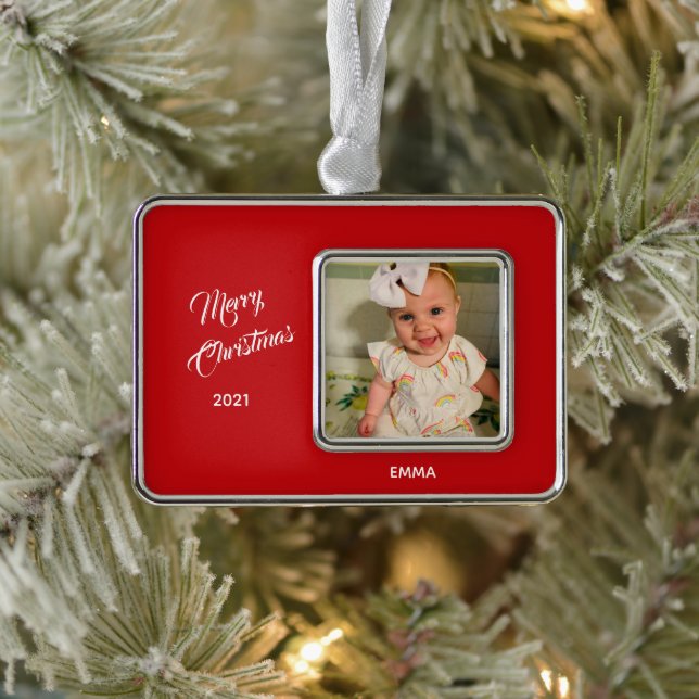 Elegant Photo Red Background Framed Ornament (Tree)
