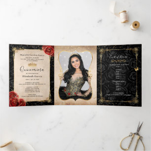 Elegant Photo Red Rose Black and Gold Quinceanera Tri-Fold Invitation