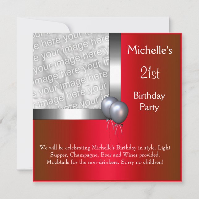 Elegant Photo Red Silver Balloon 21st Birthday Invitation (Front)