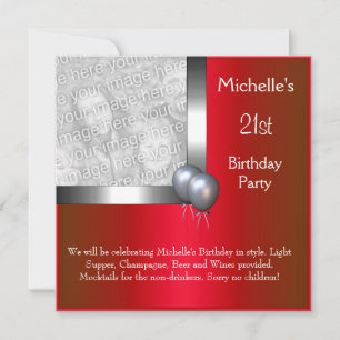 Elegant Photo Red Silver Balloon 21st Birthday Invitation