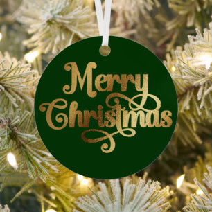 Elegant Photo Retro Green and Gold Merry Christmas Metal Tree Decoration