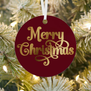 Elegant Photo Retro Red and Gold Merry Christmas Metal Tree Decoration