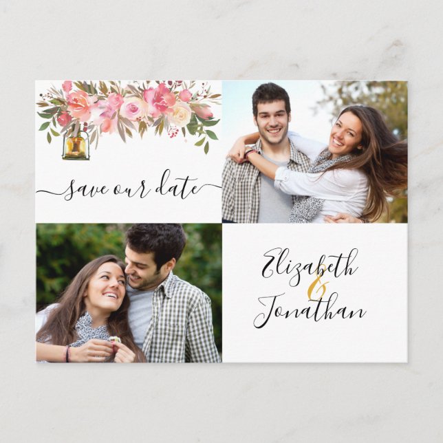 Elegant Photo Rose Gold Coral Floral Announcement  (Front)