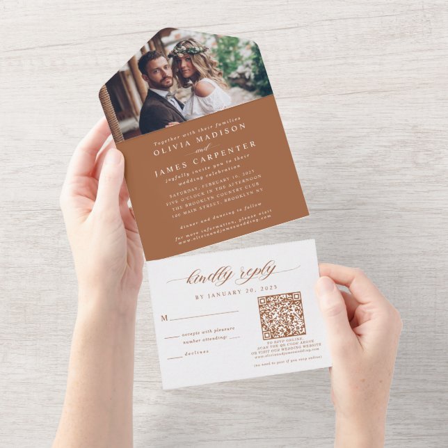 Elegant Photo RSVP QR Code Burnt Orange Wedding All In One Invitation (Tearaway)