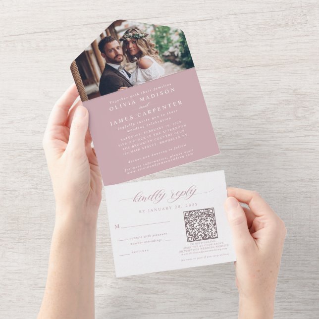 Elegant Photo RSVP QR Code Dusty Rose Wedding All In One Invitation (Tearaway)