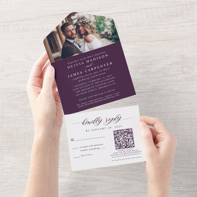 Elegant Photo RSVP QR Code Purple Violet Wedding All In One Invitation (Tearaway)