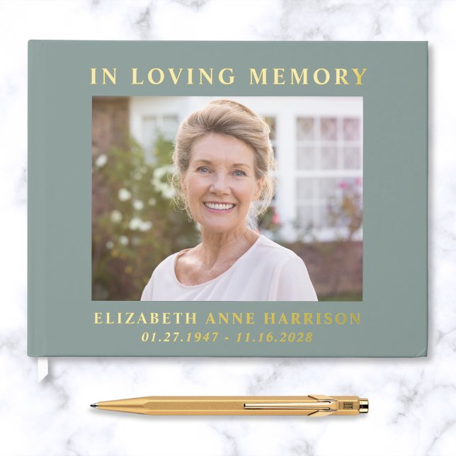 Elegant Photo Sage Green Gold Memorial Funeral Guest Book (Creator Uploaded)