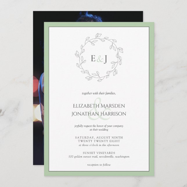 Elegant Photo Sage Green Monogram Wreath  Invitation (Front/Back)