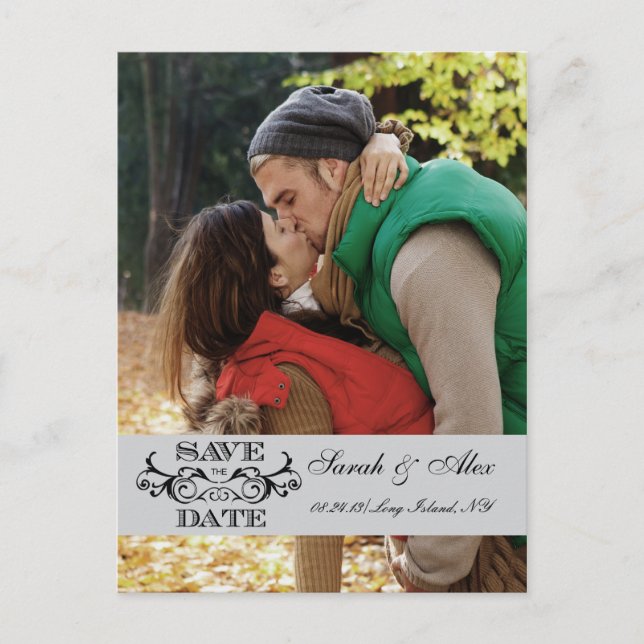 Elegant Photo Save the Date Grey Swirl Postcard (Front)