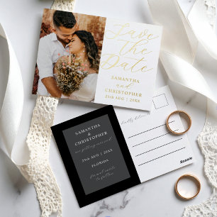 Elegant Photo Save the Date Real Gold Wedding  Foil Holiday Postcard