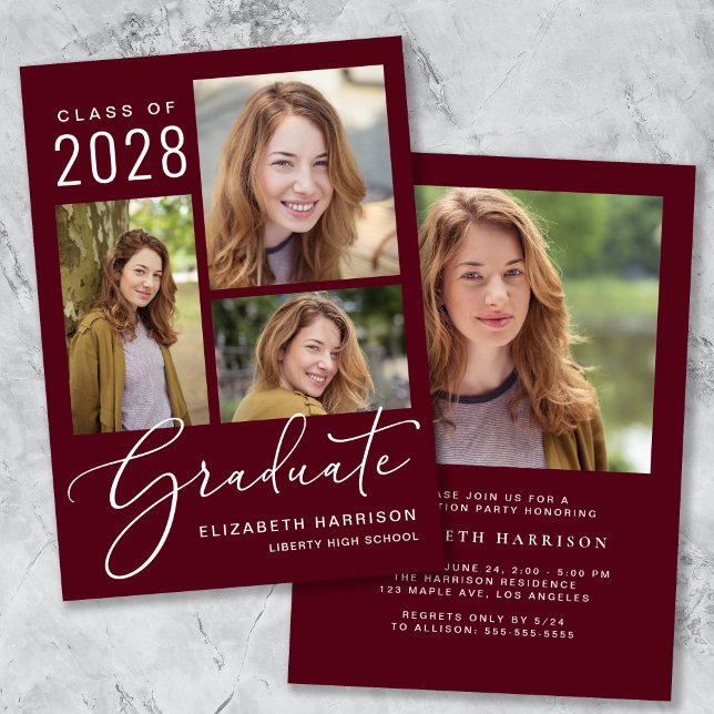 Elegant Photo Script Burgundy Graduation Party Invitation (Creator Uploaded)