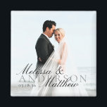 Elegant Photo Script Date Names Wedding Favor Magnet<br><div class="desc">Simple elegant photo magnet wedding favor or thank you gift. Customize the black script font typography overlay with your names and date.</div>