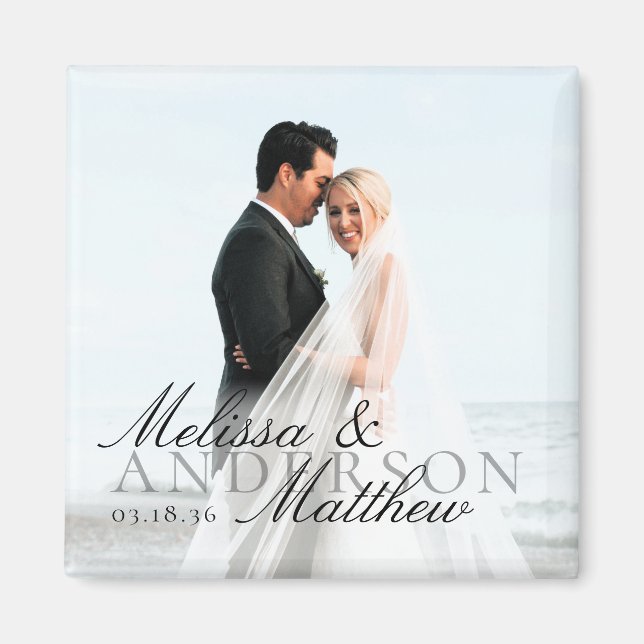 Elegant Photo Script Date Names Wedding Favor Magnet (Front)