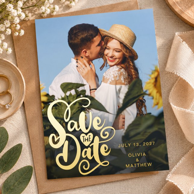 Elegant Photo Script Wedding Save the Dates Gold (gold foil script wedding save the dates typography heart romantic cards)