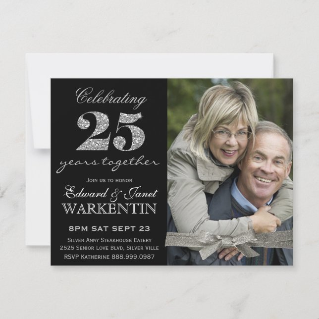 Elegant Photo Silver 25th Wedding Anniversary Invitation (Front)