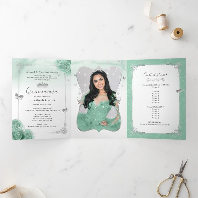 Elegant Photo Silver and Seafoam Green Quinceañera Tri-Fold Invitation (Inside)