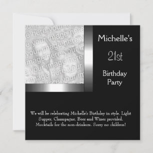 Elegant Photo Silver Black 21st Birthday Invitation