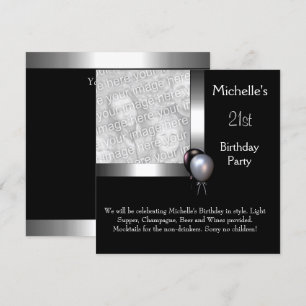 Elegant Photo Silver Black Balloon 21st Birthday Invitation