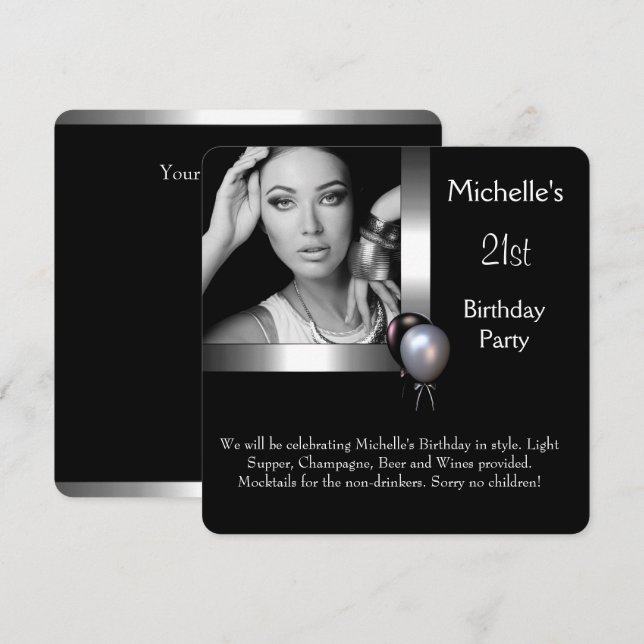 Elegant Photo Silver Black Balloon 21st Birthday Invitation (Front/Back)