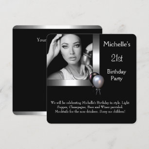 Elegant Photo Silver Black Balloon 21st Birthday Invitation