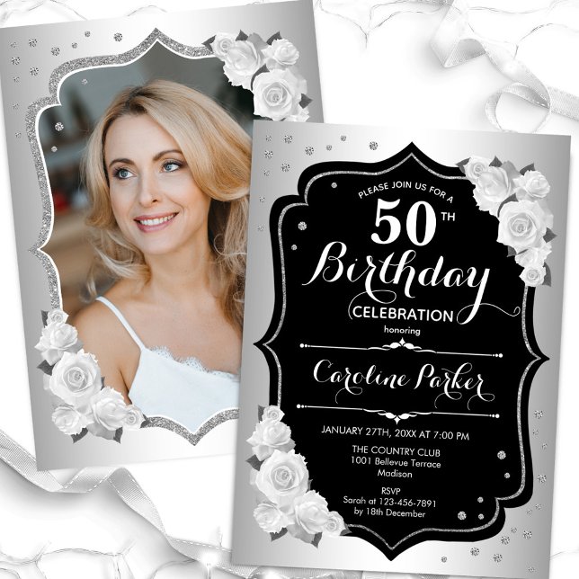 Elegant Photo Silver Black White 50th Birthday Invitation (Creator Uploaded)