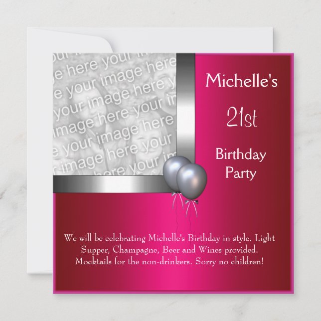 Elegant Photo Silver Cerise Balloon 21st Birthday Invitation (Front)