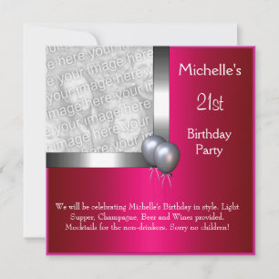 Elegant Photo Silver Cerise Balloon 21st Birthday Invitation