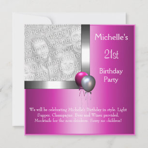 Elegant Photo Silver Pink Balloon 21st Birthday Invitation
