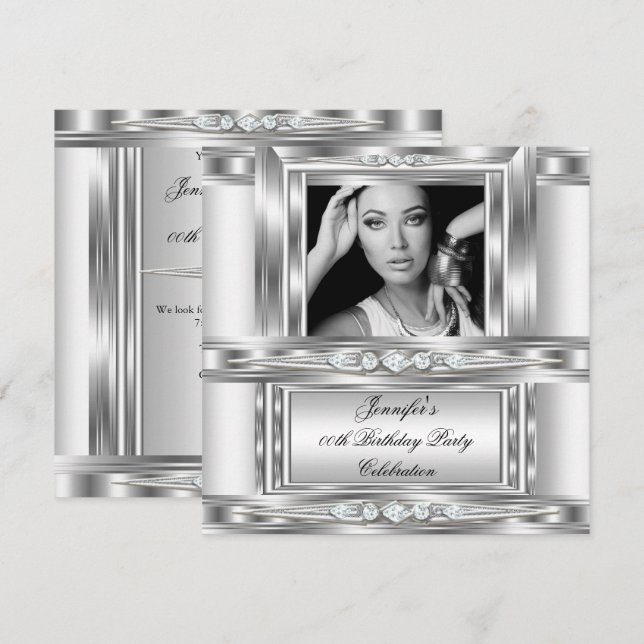 Elegant Photo Silver White Diamond Birthday Party Invitation (Front/Back)