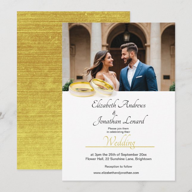 Elegant Photo Simple Gold Colour Wedding Invite (Front/Back)