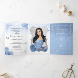 Elegant Photo Spanish Baby Blue Silver Quinceanera Tri-Fold Invitation