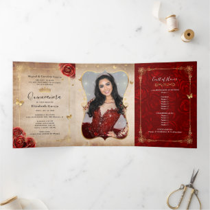 Elegant Photo Spanish Red Rose Gold Quinceanera Tri-Fold Invitation