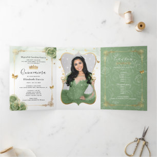 Elegant Photo Spanish Sage Green Gold Quinceanera Tri-Fold Invitation