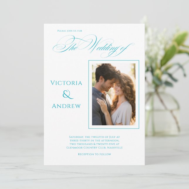 Elegant Photo Teal Modern Wedding Invitation (Standing Front)