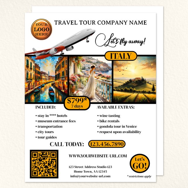 Elegant Photo Travel Template Flyer (A travel agency flyer with your logo, QR code and 3 photos - with custom background and other colors)