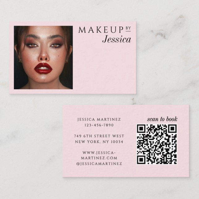 Elegant Photo Typography Blush Pink QR Code Makeup Business Card (Front/Back)