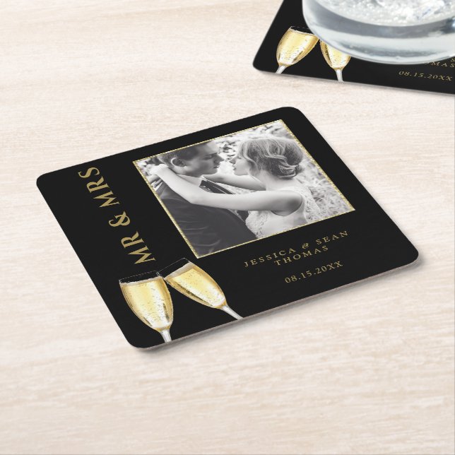 Elegant Photo Wedding Champagne Square Paper Coaster (Angled)