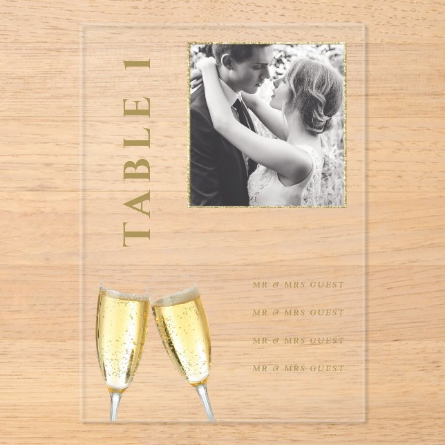 Elegant Photo Wedding Champagne Table Number (Front)