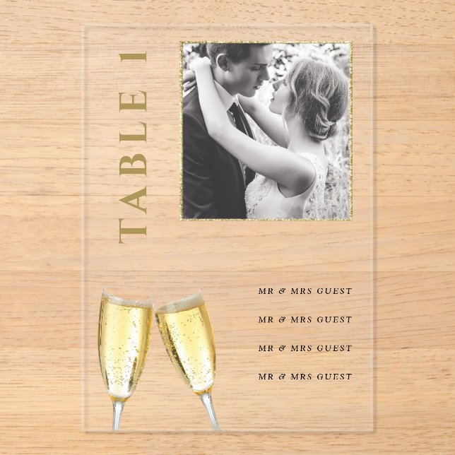Elegant Photo Wedding Champagne Table Number (Front)