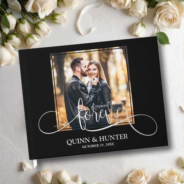 Elegant Photo Wedding  Guest Book (Wedding guest book, your photo with "forever" and details in real silver, gold or rose gold foil)
